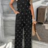 Star Print Button Tie Pockets Drawstring Jumpsuit