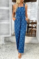 Star Print Button Tie Pockets Drawstring Jumpsuit - Image 4