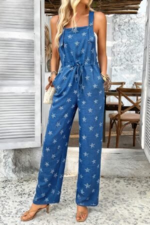 Star Print Button Tie Pockets Drawstring Jumpsuit