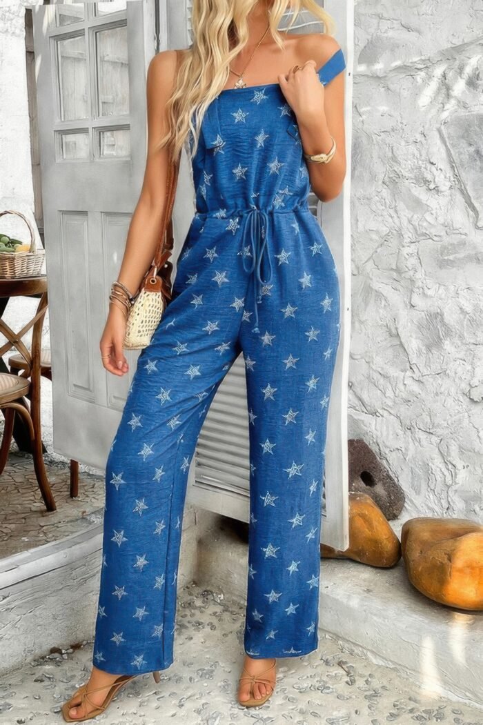 Star print button tie pockets drawstring jumpsuit - image 6