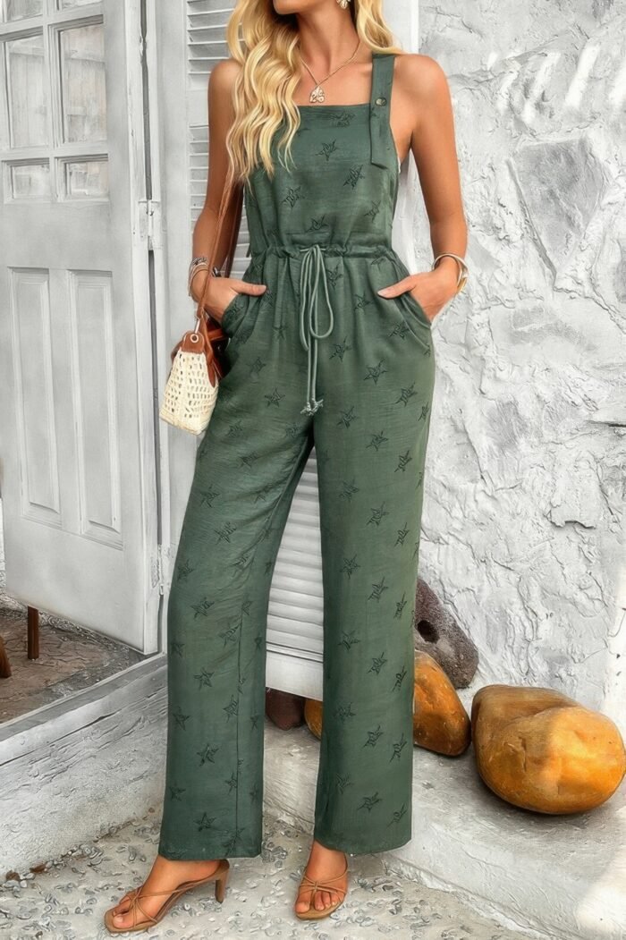Star print button tie pockets drawstring jumpsuit - image 8