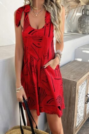 Allover Printed Tie Shoulder Pockets Romper
