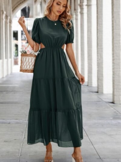Cut Out Waist Ruffle Hem Puff Sleeves Fit Dress