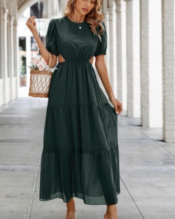 Cut Out Waist Ruffle Hem Puff Sleeves Fit Dress