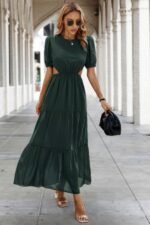 Cut Out Waist Ruffle Hem Puff Sleeves Fit Dress - Image 2
