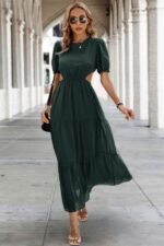 Cut Out Waist Ruffle Hem Puff Sleeves Fit Dress - Image 3