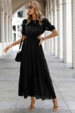Cut Out Waist Ruffle Hem Puff Sleeves Fit Dress - Image 4