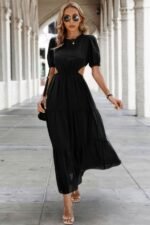 Cut Out Waist Ruffle Hem Puff Sleeves Fit Dress - Image 5