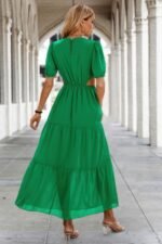 Cut Out Waist Ruffle Hem Puff Sleeves Fit Dress - Image 9