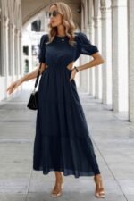 Cut Out Waist Ruffle Hem Puff Sleeves Fit Dress - Image 10