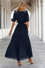 Cut Out Waist Ruffle Hem Puff Sleeves Fit Dress - Image 12