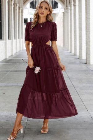 Cut Out Waist Ruffle Hem Puff Sleeves Fit Dress