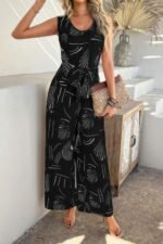 Allover Print Sleeveless Wide Leg Tie Waist Jumpsuit