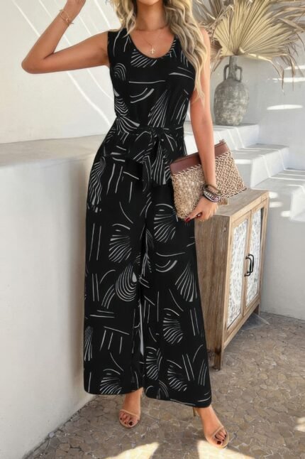 Allover Print Sleeveless Wide Leg Tie Waist Jumpsuit