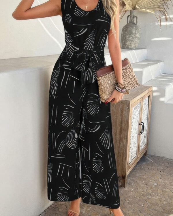 Wide Leg Tie Waist Jumpsuit – Sleeveless & Printed Style