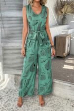 Allover Print Sleeveless Wide Leg Tie Waist Jumpsuit - Image 5