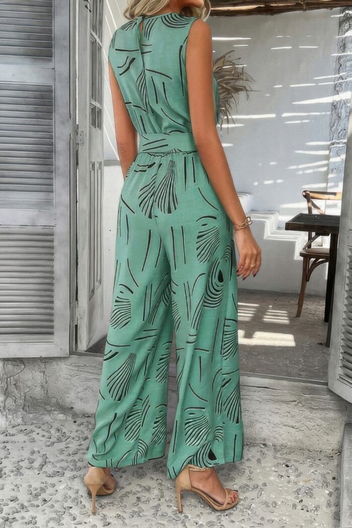 Allover print sleeveless wide leg tie waist jumpsuit - image 6