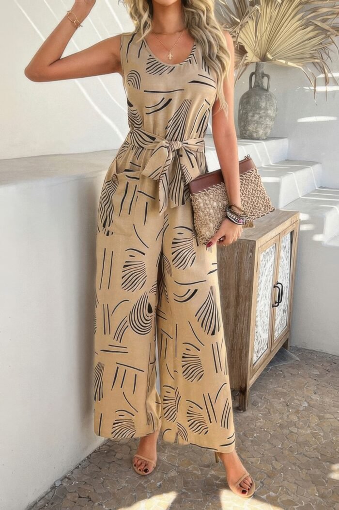 Allover print sleeveless wide leg tie waist jumpsuit - image 8