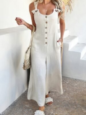 Button Front Knotted Strap Wide Leg Jumpsuit