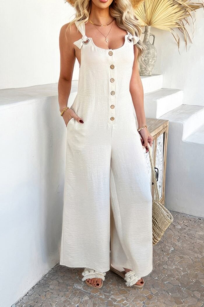 Button front knotted strap wide leg jumpsuit - image 3