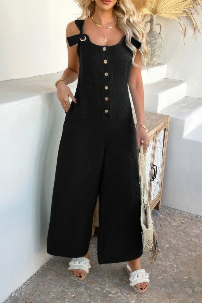 Button front knotted strap wide leg jumpsuit - image 5