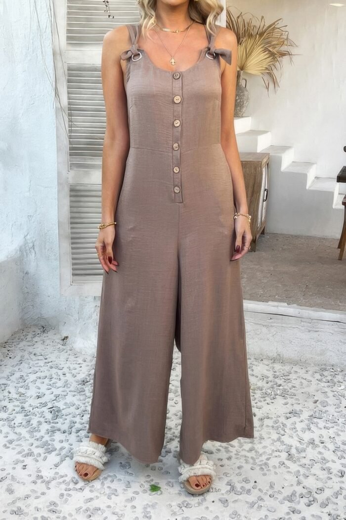 Button front knotted strap wide leg jumpsuit - image 8