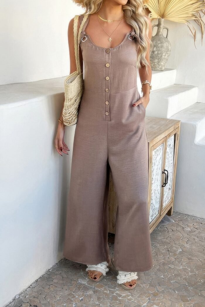 Button front knotted strap wide leg jumpsuit - image 9