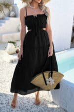 Solid Cut Out Ruched Spaghetti Strap Tiered Dress