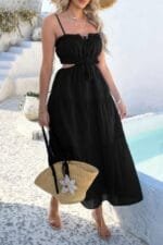 Solid Cut Out Ruched Spaghetti Strap Tiered Dress