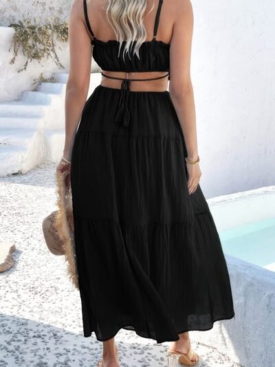 Solid Cut Out Ruched Spaghetti Strap Tiered Dress Solid Cut Out Ruched Spaghetti Strap Tiered Dress