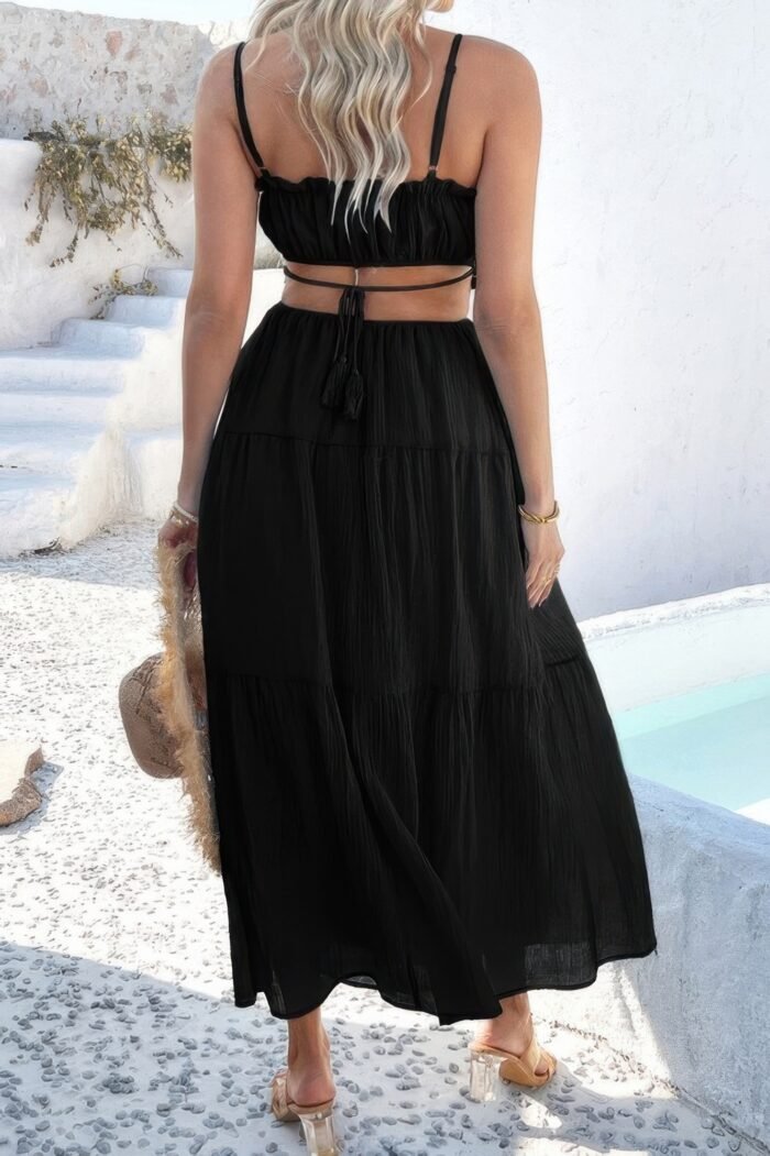 Solid Cut Out Ruched Spaghetti Strap Tiered Dress - Image 3