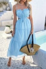 Solid Cut Out Ruched Spaghetti Strap Tiered Dress