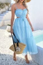 Solid Cut Out Ruched Spaghetti Strap Tiered Dress