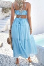 Solid Cut Out Ruched Spaghetti Strap Tiered Dress