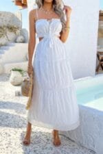 Solid Cut Out Ruched Spaghetti Strap Tiered Dress
