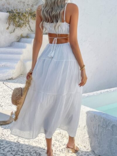 Solid Cut Out Ruched Spaghetti Strap Tiered Dress Solid Cut Out Ruched Spaghetti Strap Tiered Dress
