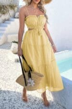 Solid Cut Out Ruched Spaghetti Strap Tiered Dress