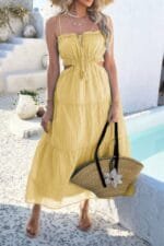 Solid Cut Out Ruched Spaghetti Strap Tiered Dress