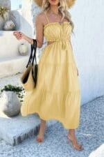 Solid Cut Out Ruched Spaghetti Strap Tiered Dress