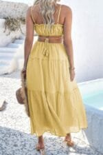 Solid Cut Out Ruched Spaghetti Strap Tiered Dress