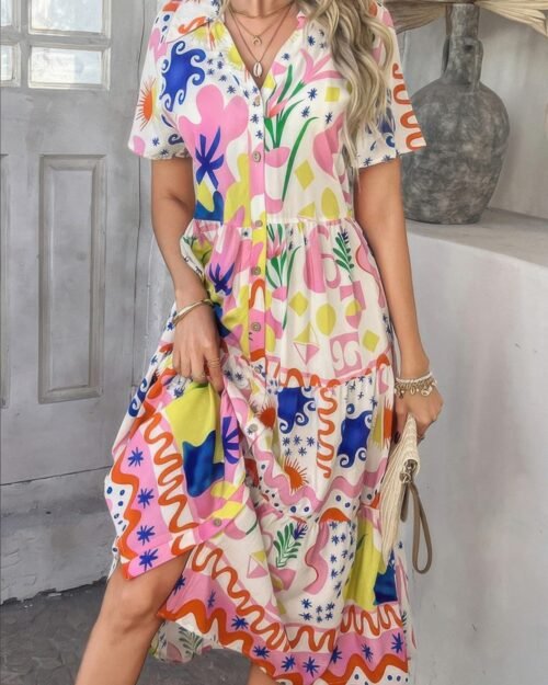 allover printed button down ruched long dress