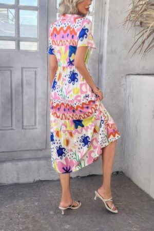 Allover Printed Button Down Ruched Long Dress