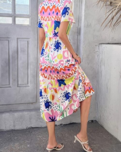 allover printed button down ruched long dress