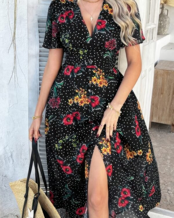 Floral V Neck Short Sleeve Tied Wrap Dress