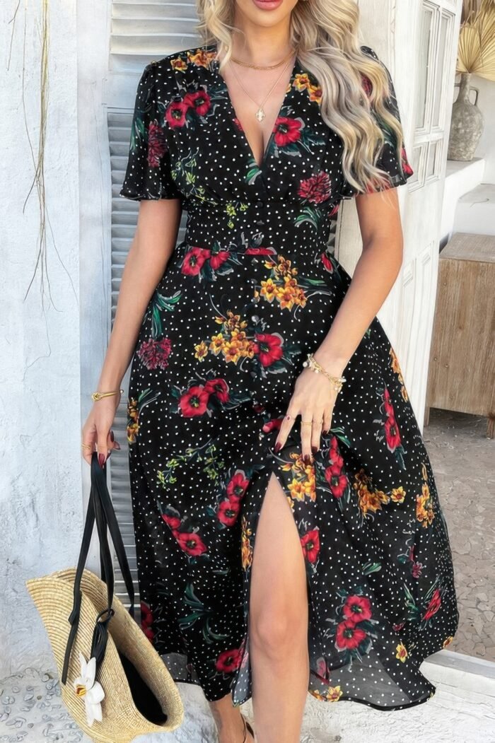 floral wrap v neck dress — short sleeve tied