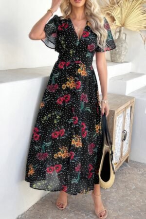 Floral V Neck Short Sleeve Tied Wrap Dress