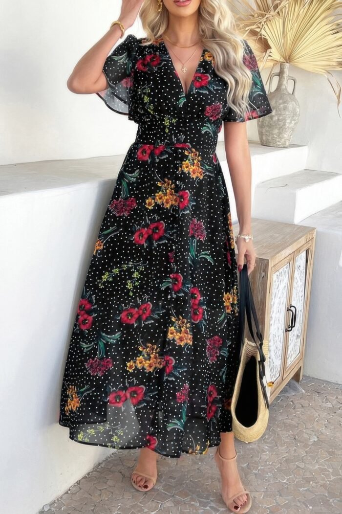 Floral V Neck Short Sleeve Tied Wrap Dress - Image 2