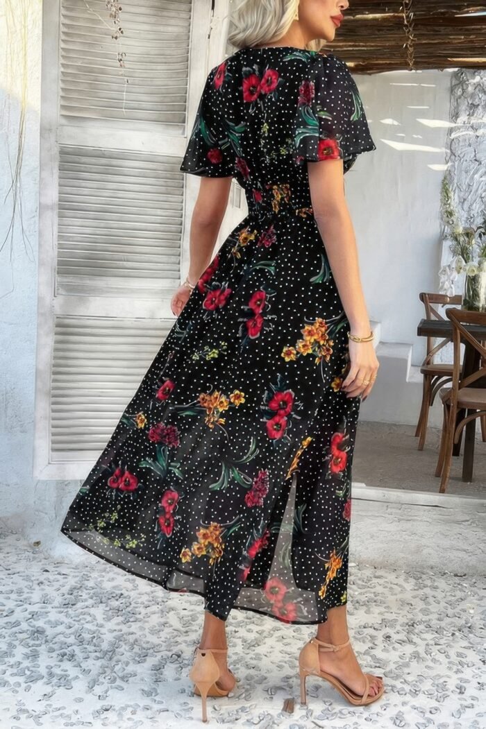 Floral V Neck Short Sleeve Tied Wrap Dress - Image 3