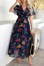 Floral V Neck Short Sleeve Tied Wrap Dress