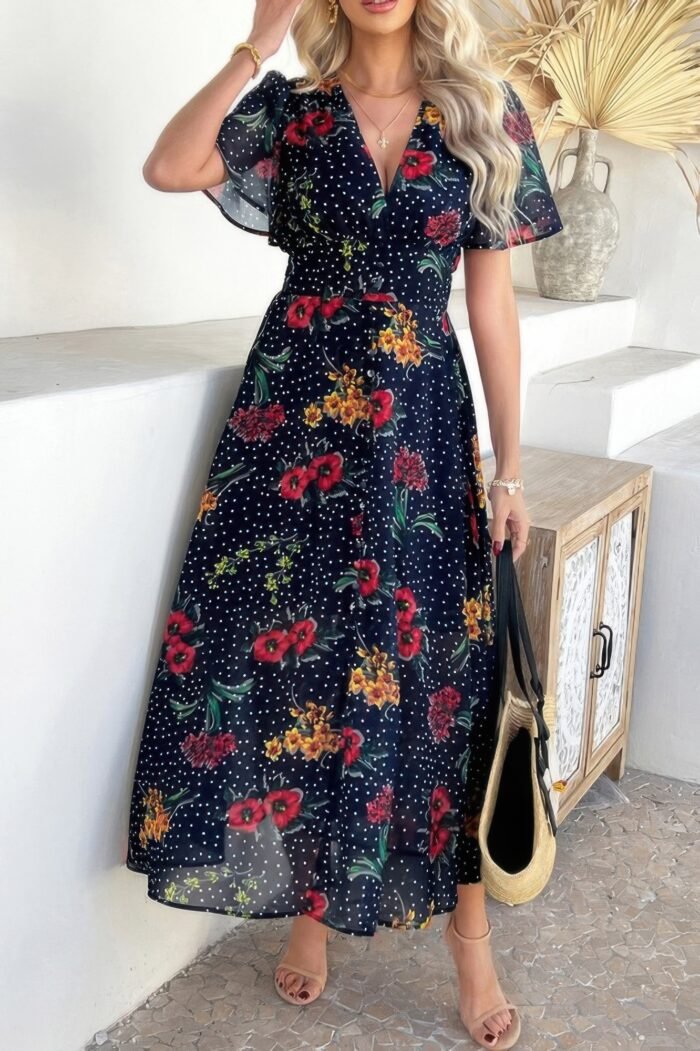 Floral V Neck Short Sleeve Tied Wrap Dress - Image 4
